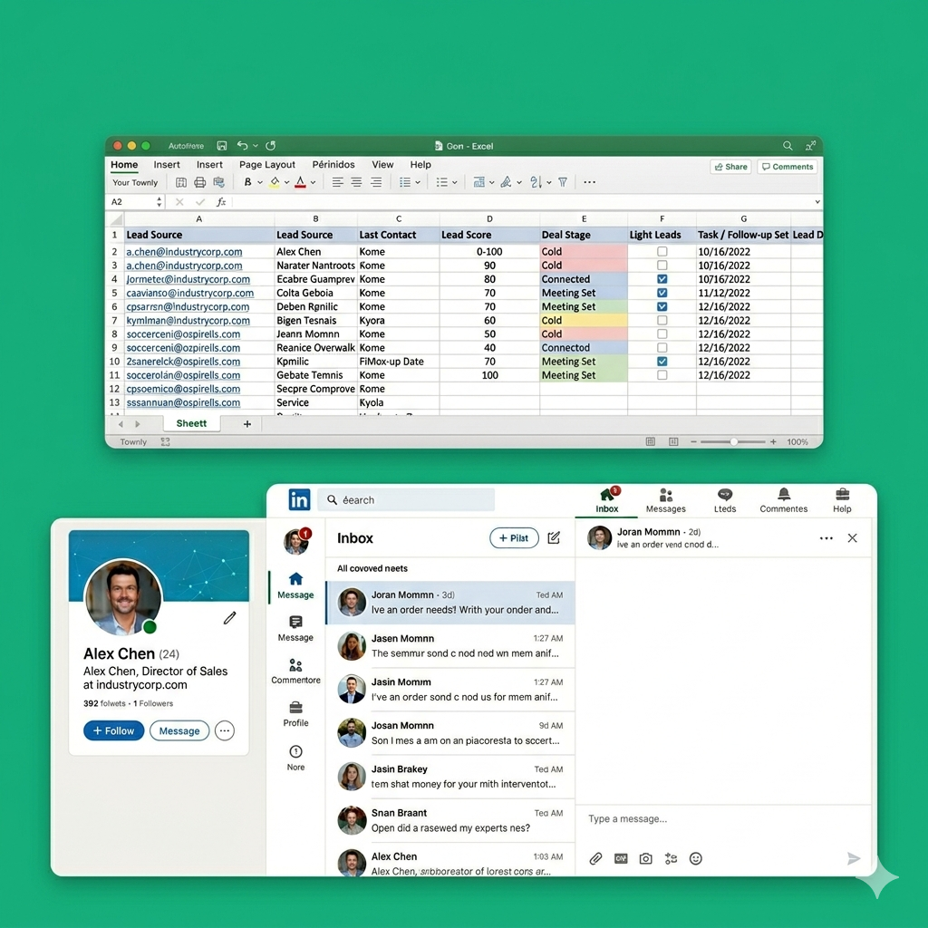 Screens showing LinkedIn inbox chaos: buried messages, forgotten follow-ups, lost leads, dead conversations.